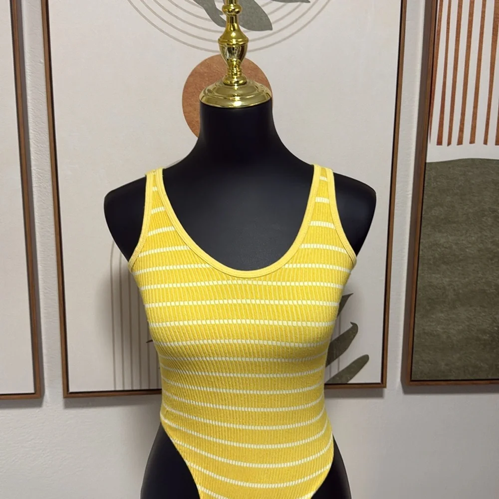 3/$10 Urban Outfitters Yellow and White Striped Bodysuit - Picture 2 of 11